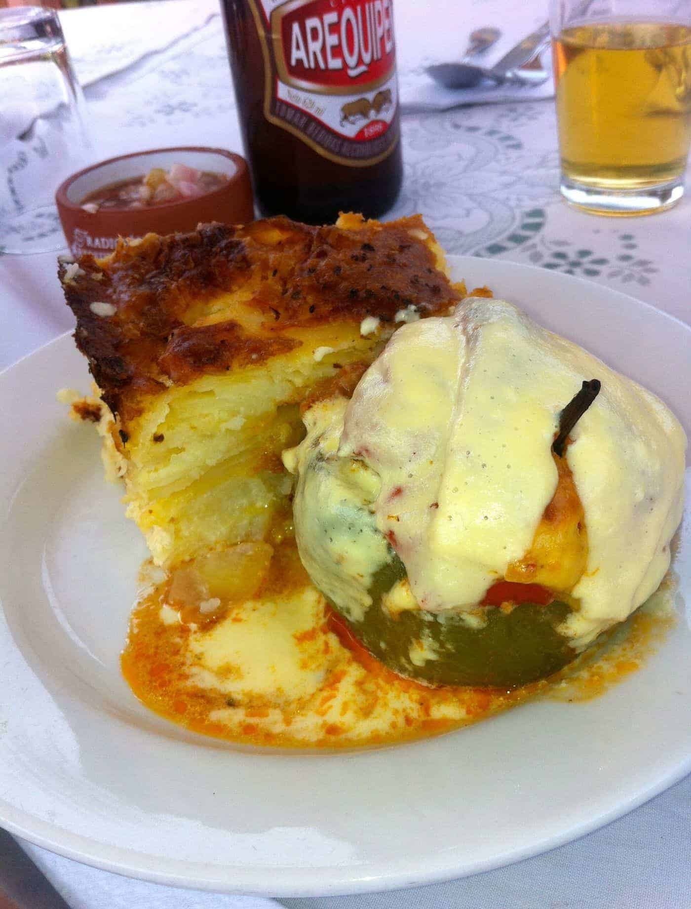 The Peruvian dish Rocotto Relleno at Tradicion Arequipena, Arequipa, Peru.