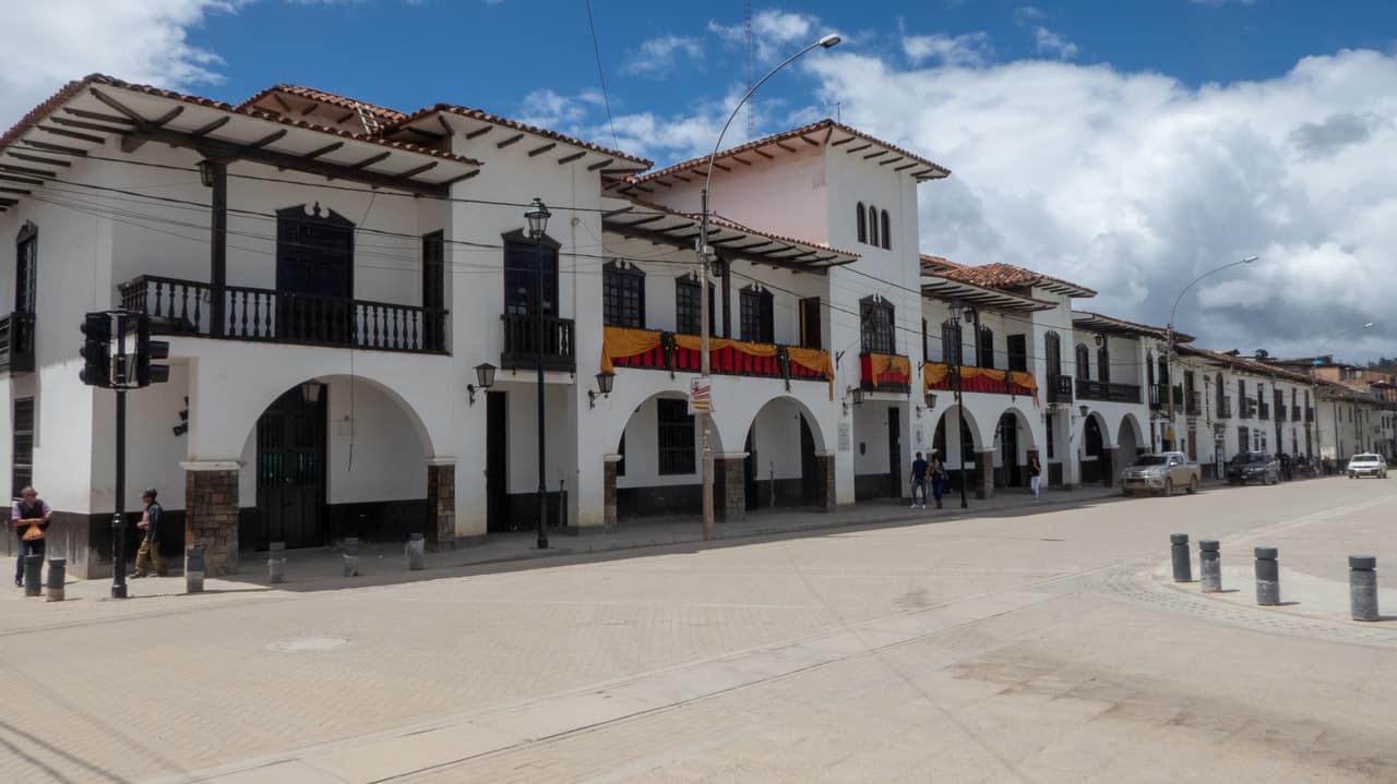 White Colonial Buildings on a Picturesque Street in Chachapoyas, Peru.