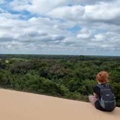 Girl overlooks jungle from desert